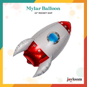 May include: A 22-inch Mylar rocket ship balloon. The balloon is primarily white with red accents and silver wings. It features a porthole with a blue and white design. Text on the balloon reads "Mylar Balloon" and "22" ROCKET SHIP."