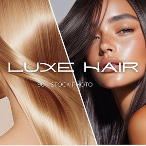 Könnte beinhalten: Bild mit zwei Frauen mit unterschiedlichen Haarfarben. Eine Seite zeigt blondes Haar, die andere dunkelbraunes Haar. Der Text "LUXE HAIR" ist in Weiß dargestellt, zusammen mit "90 STOCK PHOTO".
