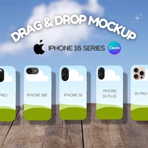 Peut inclure: Image de cinq coques d'iPhone avec un design de ciel et de paysage. Les coques sont étiquetées : 16 Pro, iPhone 16E, iPhone 16, iPhone 16 Plus et 16 Pro Max. Le texte "DRAG & DROP MOCKUP" et "IPHONE 16 SERIES" sont également visibles.