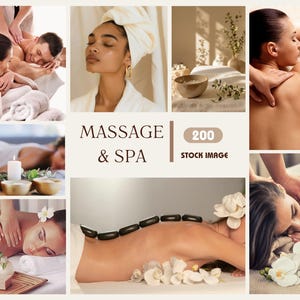 Könnte beinhalten: Eine Collage von Spa- und Massageszenen. Die Bilder zeigen Menschen, die Massagen, Spa-Behandlungen und eine Heißsteintherapie erhalten. Der Text "MASSAGE & SPA" und "200 STOCK IMAGE" sind ebenfalls vorhanden.