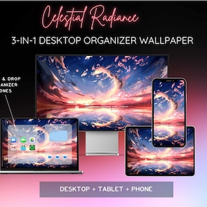 Peut inclure: Un ensemble de fonds d'écran numériques avec un design de paysage de coucher de soleil, affiché sur un ordinateur de bureau, un ordinateur portable, une tablette et un smartphone. Le texte indique "Celestial Radiance" et "3-EN-1 FOND D'ÉCRAN ORGANISATEUR DE BUREAU".