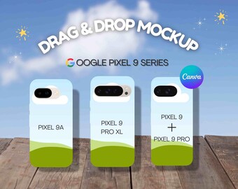 Può includere: Un'immagine mockup che mostra custodie per telefoni per la serie Google Pixel 9. Le custodie sono visualizzate su uno sfondo di cielo con il testo "DRAG & DROP MOCKUP" e "GOOGLE PIXEL 9 SERIES". Ogni custodia presenta un design diverso, con il logo Canva.