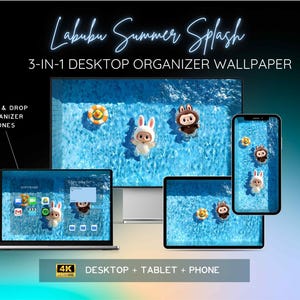Peut inclure: Un fond d'écran numérique avec une scène de piscine et des personnages de dessins animés. L'image est affichée sur un ordinateur portable, une tablette, un téléphone et un moniteur. Le texte indique "Labubu Summer Splash" et "3-EN-1 DESKTOP ORGANIZER WALLPAPER".