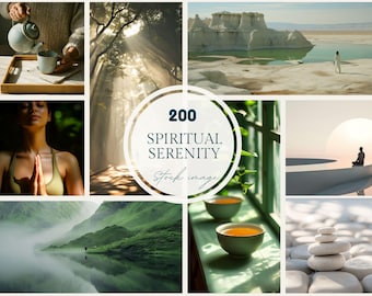 Può includere: Un collage di immagini a tema spirituale. Include una persona che versa il tè, la luce del sole attraverso gli alberi, una persona che medita, un paesaggio sereno e una pila di pietre. Il testo "200 Spiritual Serenity Stock image" è al centro.