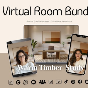Peut inclure: Publicité pour un « Virtual Room Bundle » avec des arrière-plans virtuels pour ordinateur et téléphone. L'image montre un ordinateur portable, une tablette et un téléphone affichant un arrière-plan « Warm Timber Study ». Des icônes de médias sociaux sont en bas, et les mots « High Resolution » sont à gauche.