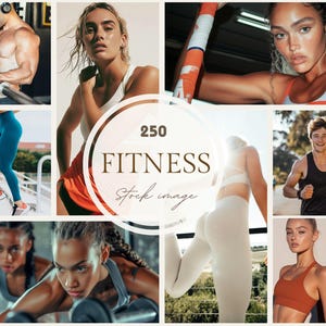 Könnte beinhalten: Eine Collage von Bildern zum Thema Fitness, die verschiedene Personen bei verschiedenen Übungen zeigen. Die Bilder zeigen Menschen, die mit Gewichten trainieren, laufen und Yoga machen. Das zentrale Bild hat den Text "250 FITNESS Stock image."