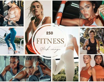 May include: A collage of fitness-themed images featuring diverse individuals engaged in various exercises. The images include people working out with weights, running, and doing yoga. The central image has the text "250 FITNESS Stock image."