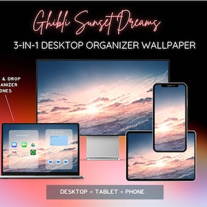 Peut inclure: Un fond d'écran numérique "Ghibli Sunset Dreams" pour ordinateur, tablette et téléphone. L'image présente un coucher de soleil affiché sur divers appareils, dont un ordinateur portable, un moniteur, une tablette et un smartphone. La conception comprend des zones d'organisation par glisser-déposer.