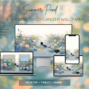 Peut inclure: Un ensemble de fonds d'écran numériques pour ordinateur de bureau, tablette et téléphone, représentant une scène d'étang sereine avec un chat noir. Le design comprend le texte "Summer Pond" et "3-IN-1 DESKTOP ORGANIZER WALLPAPER".