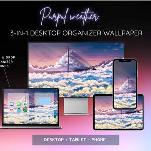 Peut inclure: Un ensemble de fonds d'écran numériques pour ordinateur, tablette et téléphone. L'image présente un paysage avec un ciel violet et bleu, des nuages et une ligne électrique. Le texte indique "Purpul weather" et "3-IN-1 DESKTOP ORGANIZER WALLPAPER."