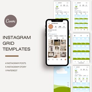 Könnte beinhalten: Ein Mockup eines Telefonbildschirms, auf dem eine Social-Media-Grid-Vorlage mit einem grün-blauen Farbschema angezeigt wird. Die Vorlage enthält verschiedene Bilder und Texte, darunter ein Logo, ein Profilbild und eine Bildunterschrift. Die Vorlage soll Benutzern helfen, visuell ansprechende und ansprechende Social-Media-Inhalte zu erstellen.