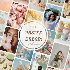 Puede incluir: Un collage de imágenes en tonos pastel, que incluye flores, comida y retratos. La imagen central muestra el texto "200 Pastel Dream Stock Image" en un diseño circular. La estética general es suave y soñadora.