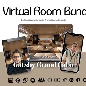 Peut inclure: Publicité pour un "Virtual Room Bundle" avec des arrière-plans virtuels pour ordinateur et téléphone. L'image présente un intérieur de yacht sur une tablette et un téléphone, avec le texte "Gatsby Grand Cabin" et des icônes de médias sociaux.