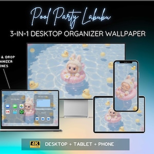 Peut inclure: Un ensemble de fonds d'écran numériques avec un personnage de dessin animé dans une piscine, affiché sur un ordinateur portable, une tablette et un téléphone. Le design comprend un personnage de lapin dans un bouée rose, entouré de canards en caoutchouc. Texte : "Pool Party Labubu".