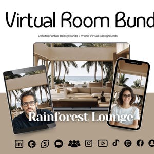 Op de afbeelding: Een promotieafbeelding voor een "Virtual Room Bundle" met virtuele achtergronden voor desktop en telefoon. De afbeelding toont een tablet en smartphone met een "Rainforest Lounge"-scène. Social media-iconen staan onderaan.