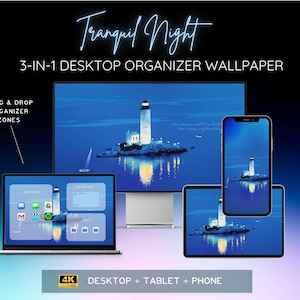 Peut inclure: Illustration numérique d'un phare sur une petite île, affichée sur un ordinateur portable, un moniteur de bureau, une tablette et un téléphone. Les mots "Tranquil Night" et "3-IN-1 DESKTOP ORGANIZER WALLPAPER" sont visibles. L'image est en 4K.