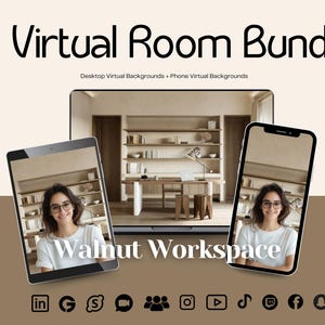 Peut inclure: Publicité pour un « Virtual Room Bundle » avec des arrière-plans virtuels pour ordinateur et téléphone. L'image présente un ordinateur portable, une tablette et un téléphone affichant un « Walnut Workspace » avec une femme en chemise blanche. Icônes de médias sociaux en bas.
