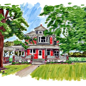 May include: A watercolor illustration of a red brick house with a white porch and a green lawn. The house has a large front porch with white columns and a white railing. There are trees on either side of the house.