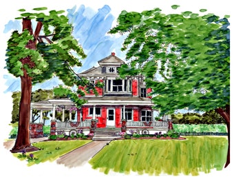 May include: A watercolor illustration of a red brick house with a white porch and a green lawn. The house has a large front porch with white columns and a white railing. There are trees on either side of the house.
