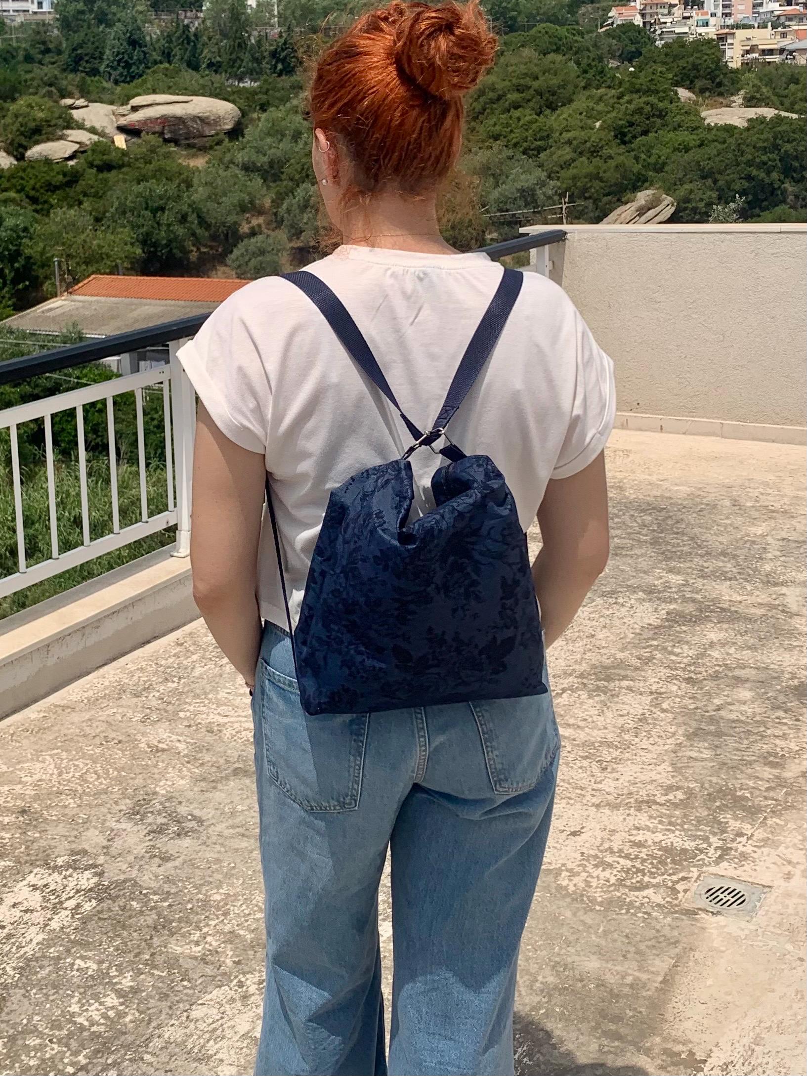 Quilted Denim Convertible Backpack Tote - Blue Convertible Denim Tote Backpack: Handmade Floral 2-in-1 Bag  main image 3