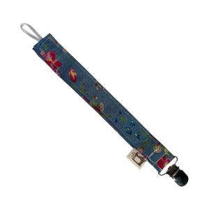 Blossom Denim Pacifier Clip – Floral Baby Clip – Handmade with Metal Clip – Blue & Pink