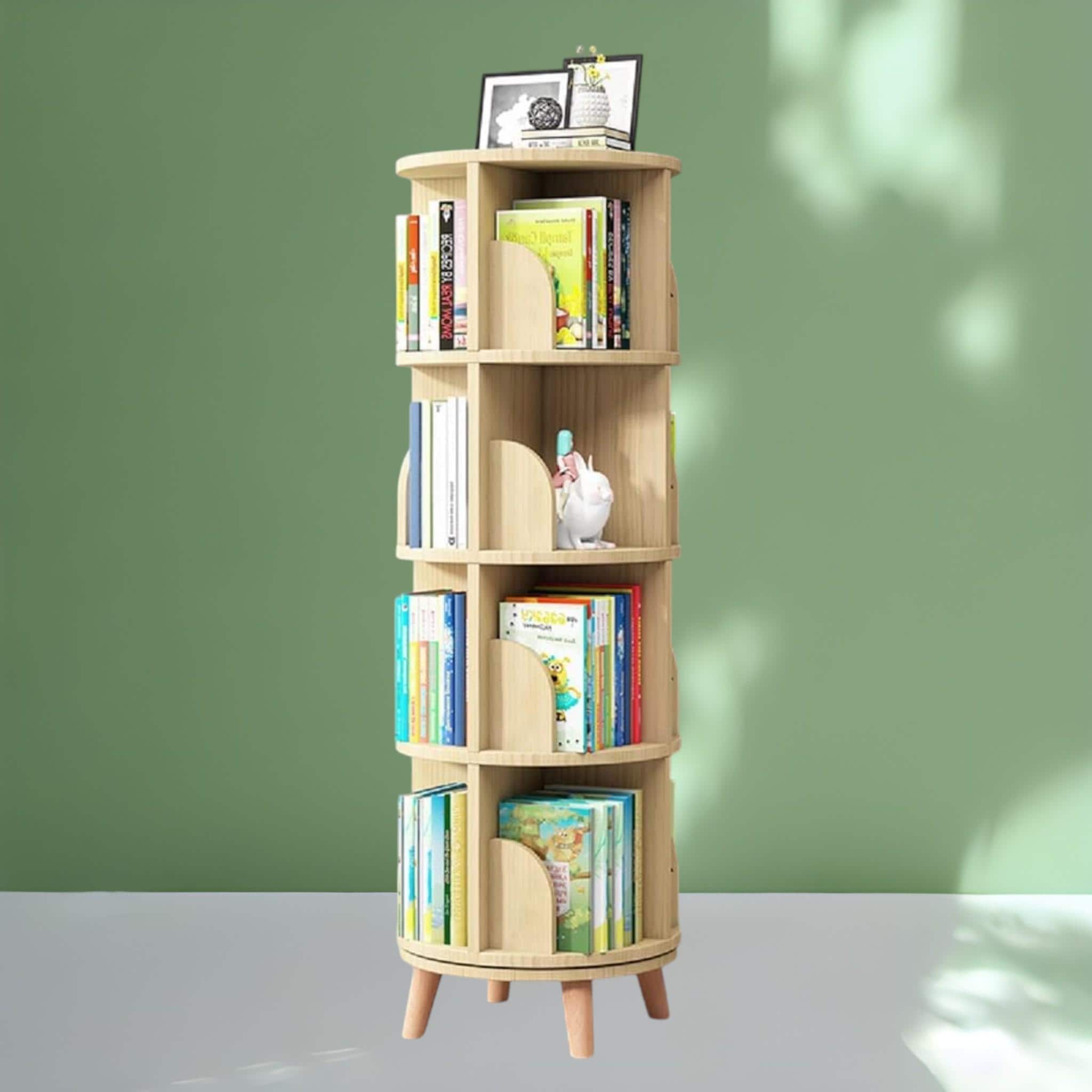 4-Tier 360 Rotating Bookshelf with Legs – Stackable Wooden Bookcase