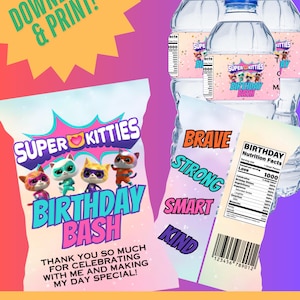 Super Kitties Party Favor Digital Prints, Chips Labels, Water Bottle Labels, Rice Krispies Labels, & Caprisun Labels
