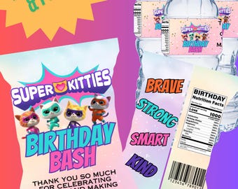 Impresiones digitales para regalos de fiesta de Super Kitties, etiquetas para papas fritas, etiquetas para botellas de agua, etiquetas para Rice Krispies y etiquetas para Caprisun