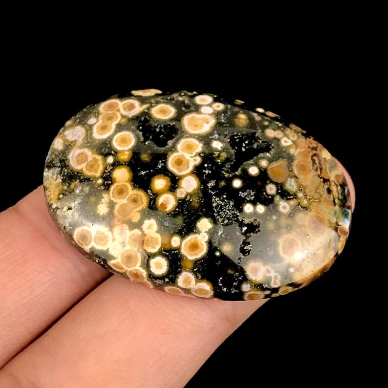 Pode incluir: Pedra preciosa polida em forma oval, com base preta e padr&atilde;o de manchas circulares bege e creme. A pedra &eacute; segurada na m&atilde;o de uma pessoa contra um fundo preto. A pedra preciosa tem uma superf&iacute;cie lisa e polida.