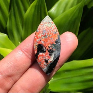 Peut inclure: Une pierre précieuse polie et allongée avec un motif saisissant. La pierre présente un mélange de couleurs, notamment du rouge vif, du noir, du gris et des touches de vert. La forme générale est un ovale lisse et symétrique, parfait pour les bijoux ou l'exposition.