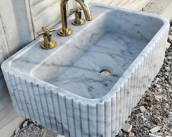 Handcrafted Fluted Carrara Marble Sink | Luxury Bathroom Vanity
