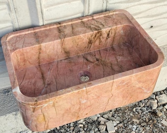 Lavabo artesanal de mármol rosa / Mueble de baño moderno, montaje en pared