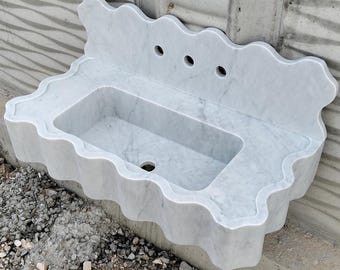 Carrara Marble Wall Mount Sink with Backsplash, Floating Vanity