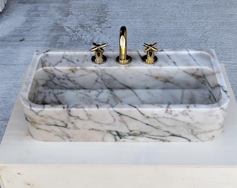 Lavabo de mármol Calacatta Gold, lavabo de baño flotante hecho a mano