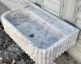 Calacatta Gold Marble Wall Sink, Fluted Stone Basin, Custom Vanity