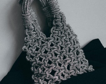 Rhinestone Macrame Evening Bag: Silver Glitter Mini Handbag | Gift for her