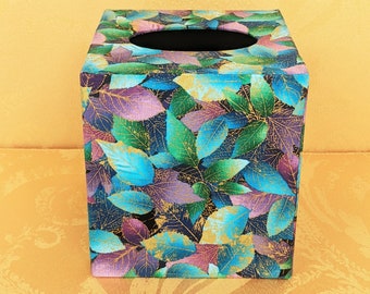 Blue, Purple and Green Packed Leaves with Gold Square Tissue Box Cover