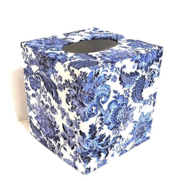 Blue and White Floral Square Tissue Box Cover