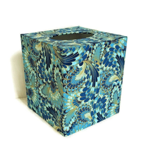 Royal Plume and Metallic Gold Abstract Peacock Feathers Square Tissue Box Cover