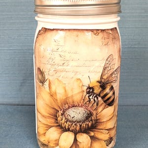 Bee and Sunflower Mason Jar, Decoupaged, Quart Mason Jar, Picture on Front and Back