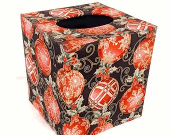 Red and Gold Christmas Ornaments and Holly Decorative Square Tissue Box Cover