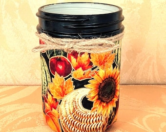 Thanksgiving, Fall Pint Mason Jar, Pen and Pencil Holder, Centerpiece, Lid Included