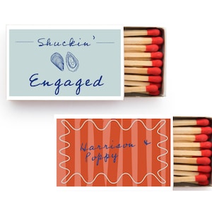 Caja de cerillas personalizada para bodas, recuerdo de compromiso con ostras, regalo de boda costero para invitados, cerillas personalizadas para fiestas en la playa, diseño Shuckin Engaged