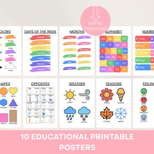 10in1 Educational Printable Colorful Posters for Kids Alphabet, Numbers, Shapes, Colors, Weather, Seasons, Feelings, Opposites, Days, Months