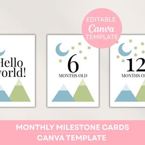 Cartes d'étape mensuelles modifiables pour bébé | Modèle canevas de 5 x 7 po. | Design minimaliste de montagnes et de lune | Versions en 4 couleurs | Téléchargement instantané