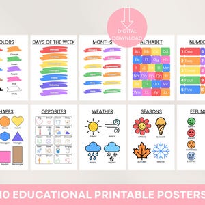Pósters educativos imprimibles en lituano: Alfabeto, números, formas, colores, clima, estaciones, sentimientos, opuestos, días y meses.