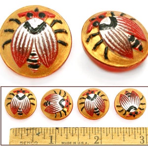 18mm Vintage Czech Glass Red GOLD Silver FLY Insect Buttons 4pc GREAT For Clasps