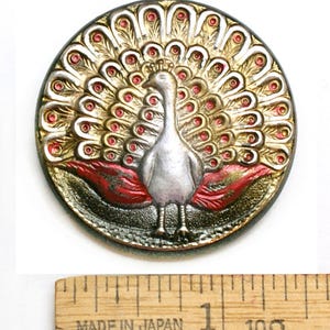Focal Statement XL 38mm Silver GOLD Red Standing PEACOCK Czech Glass Button 1pc image 1