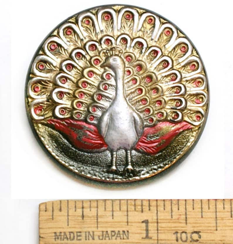 Focal Statement XL 38mm Silver GOLD Red Standing PEACOCK Czech Glass Button 1pc image 1