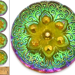 4pc 22mm Vintage Czech Glass Green FLASH AB Yellow Lotus Flower Shankless No Shank Cabochon Buttons for button bracelets